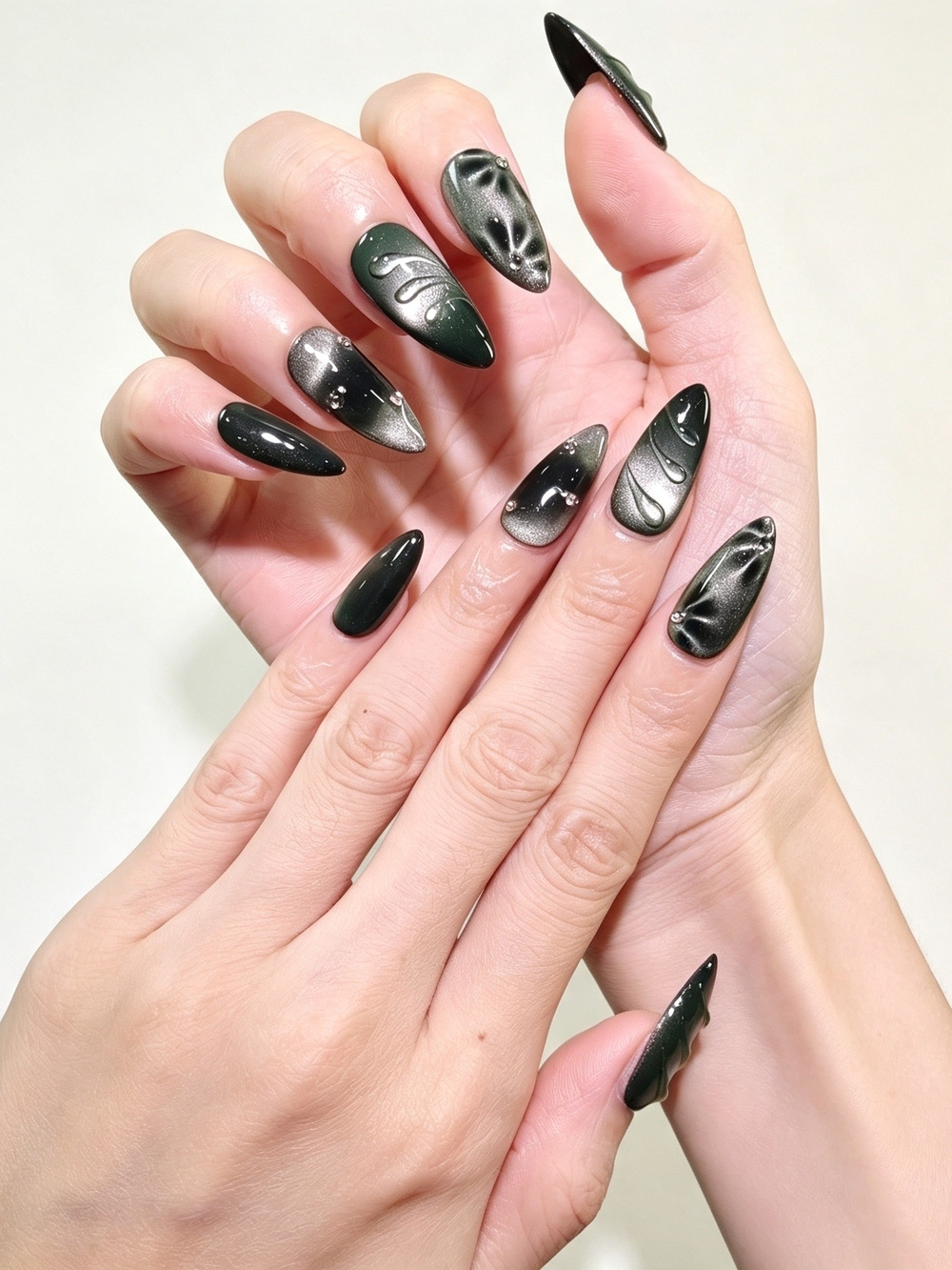 Dark Green Cat Eye Medium Almond Handmade Press On Nails With Floral Accents
